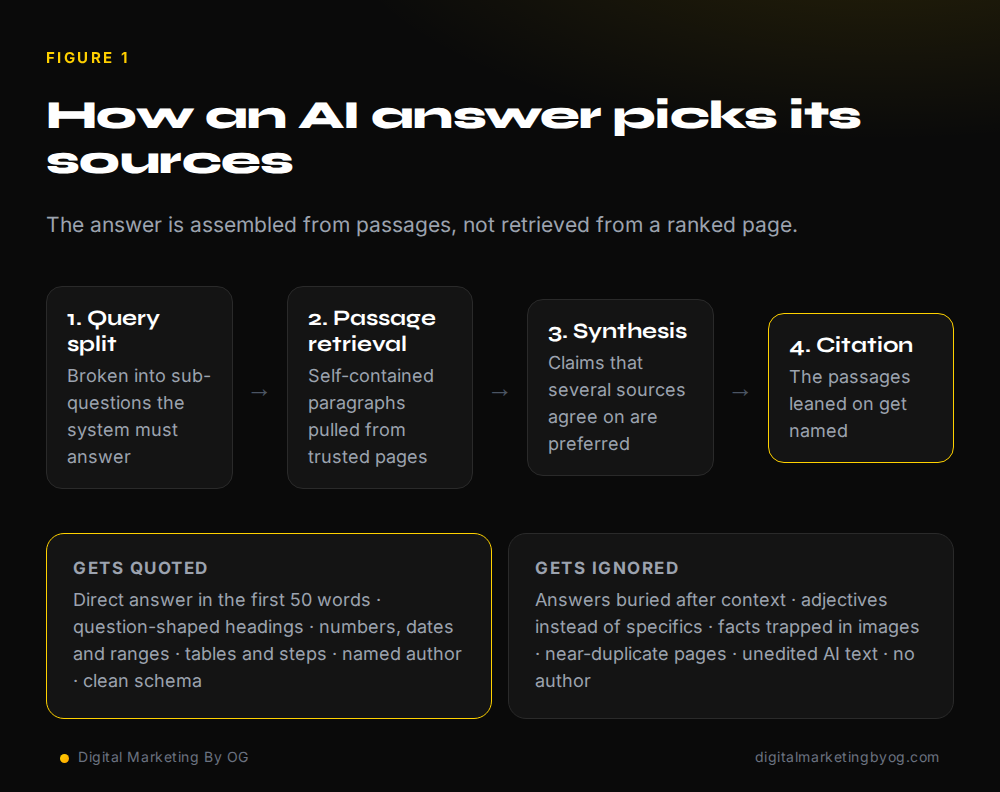 Diagram of how an AI Overview picks its sources: query split, passage retrieval, synthesis and citation, with what gets quoted and what gets ignored