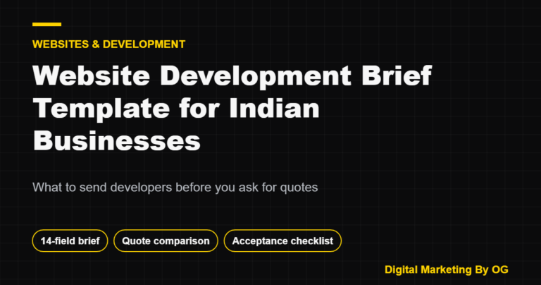 Title card: website development brief template for Indian businesses with a 14-field brief, quote comparison table and acceptance checklist