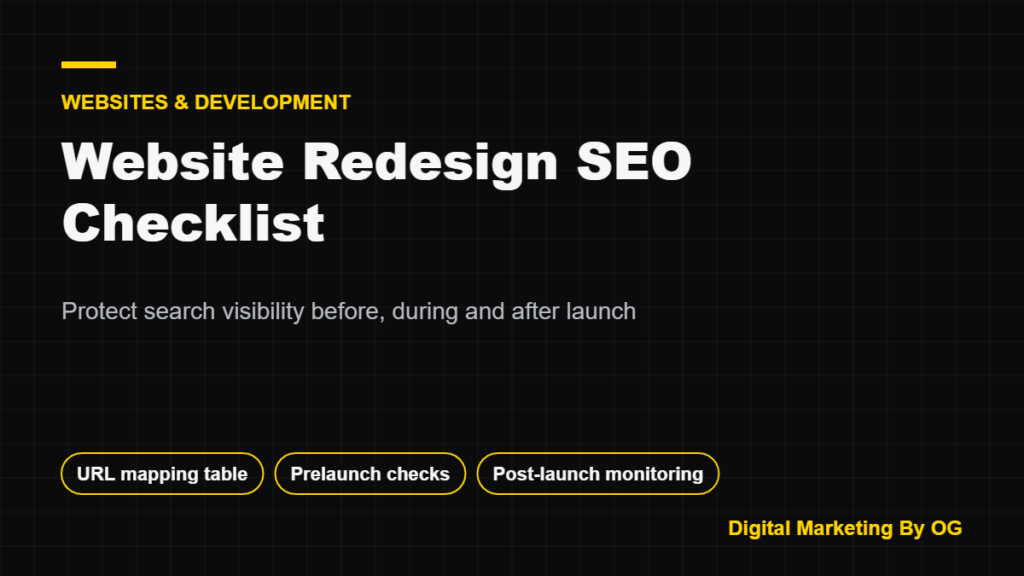 Title card: website redesign SEO checklist covering a URL mapping table, prelaunch checks and post-launch monitoring