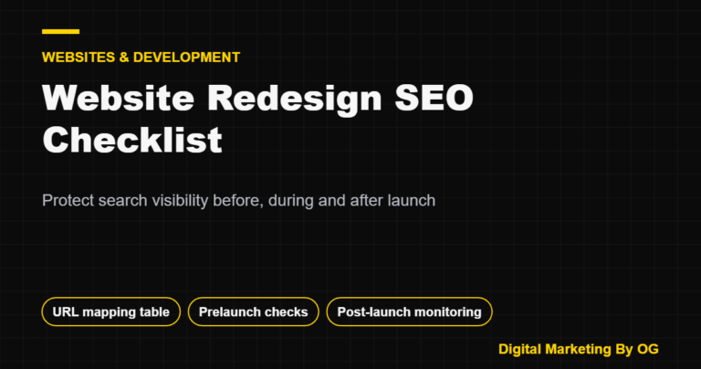 Title card: website redesign SEO checklist covering a URL mapping table, prelaunch checks and post-launch monitoring